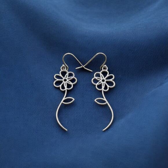 Delicate Silver Flower Stem Dangle Earrings Minimalist Summer Jewelry New - Picture 3 of 7